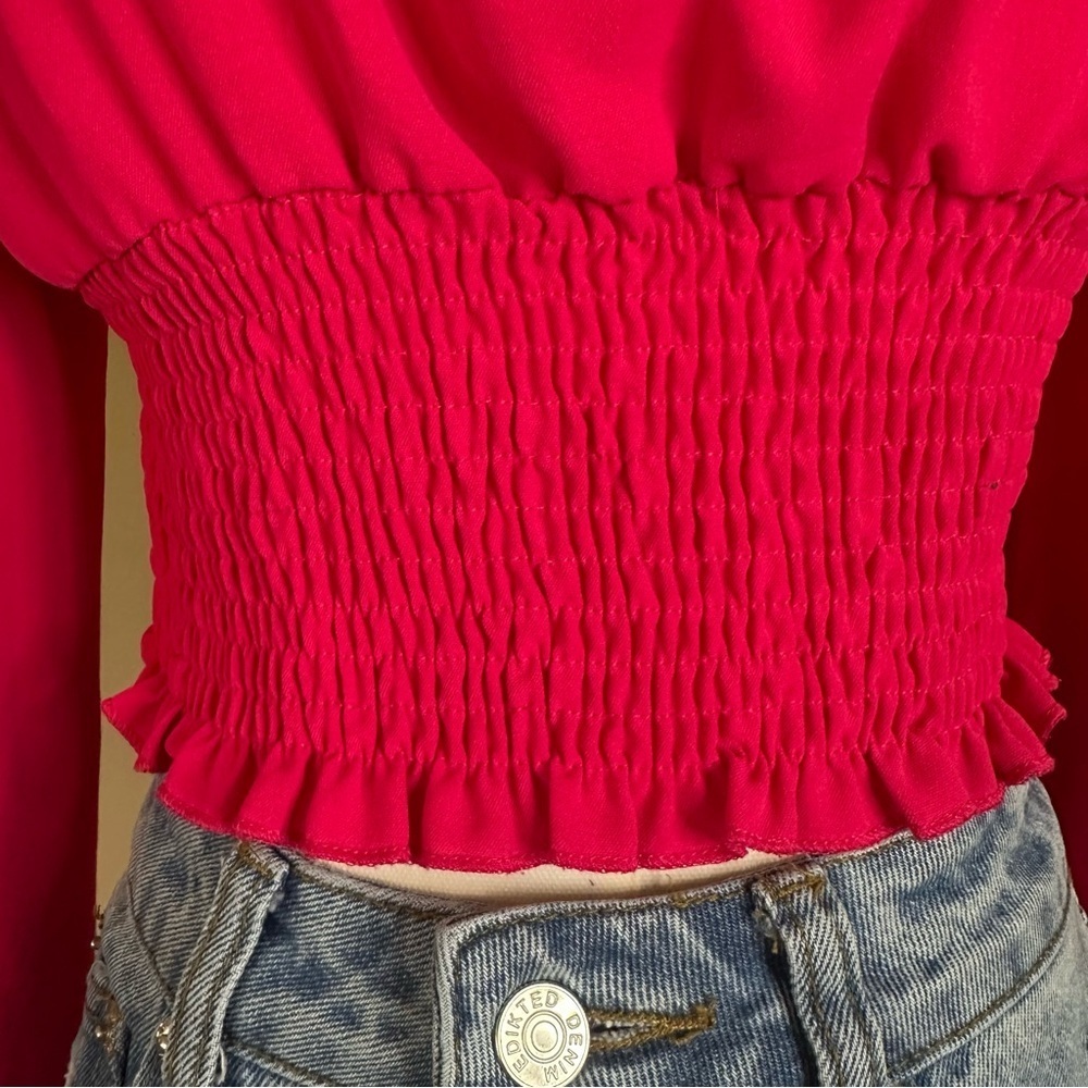 Women S Smocked Waist Long Balloon Sleeve Pink Crop Top Cottagecore Coquette - Picture 4 of 7